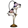 Purple Stained Glass Flower Table Lamp, Twin Trumpet Shades, Bronze Leaf Base, Bedside Table & Console Top Display