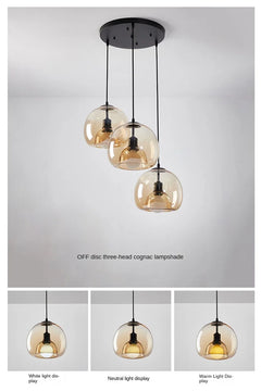 Amber Glass Globe Pendant Light, 3 Light Disc Cluster, Matt Black Disc, Staggered Drop, Dining Table & Kitchen Island