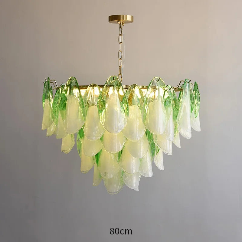 Frosted Peach Glass Tiered Petal Chandelier, 600 Frame Size, Layered Ruffled Shades, Brass Rope Wrapped Stem, Dining and Living Room