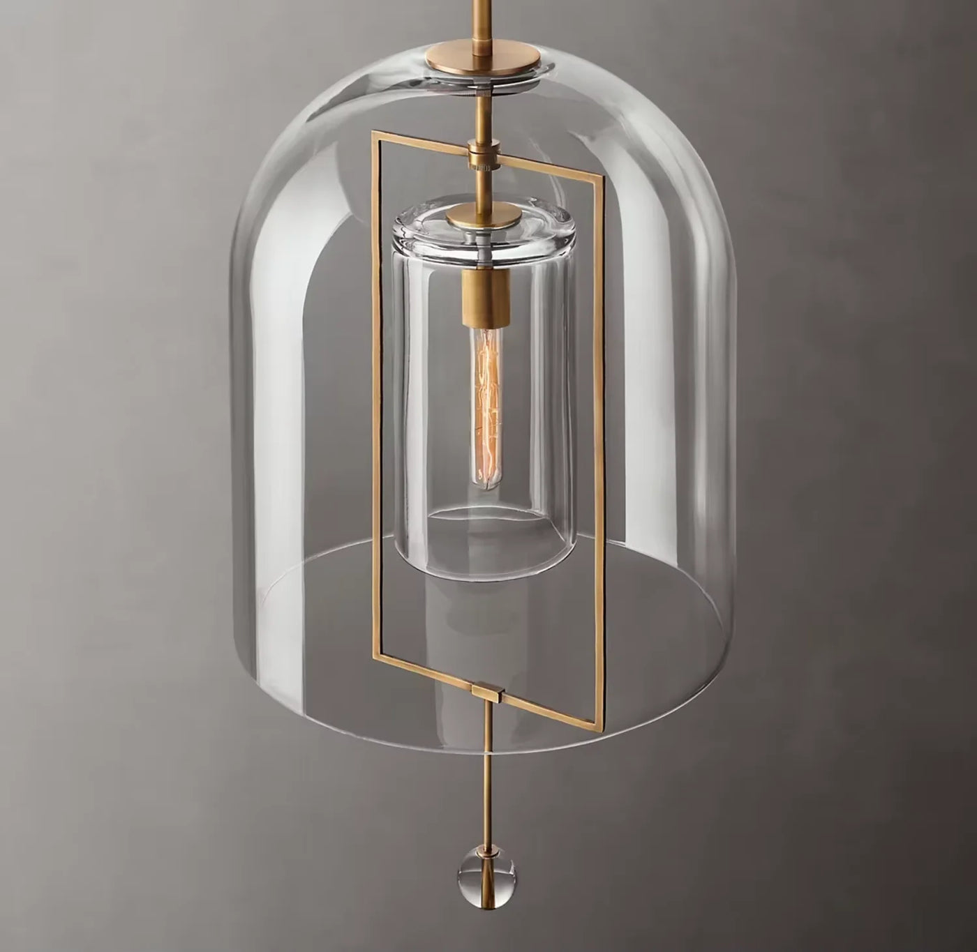 Clear Glass Bell Pendant Light, Vintage Brass Rectangle Frame, 13" Dome, Exposed Filament Bulb, Hallway, Dining Table & Living Room