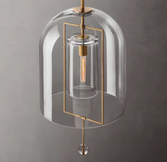 Clear Glass Bell Pendant Light, Vintage Brass Rectangle Frame, 13" Dome, Exposed Filament Bulb, Hallway, Dining Table & Living Room