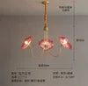 Pink Textured Flower Glass Chandelier, 3 Curved Brass Arms, Ruffled Petal-Edge Shades, Living Room & Dining Room