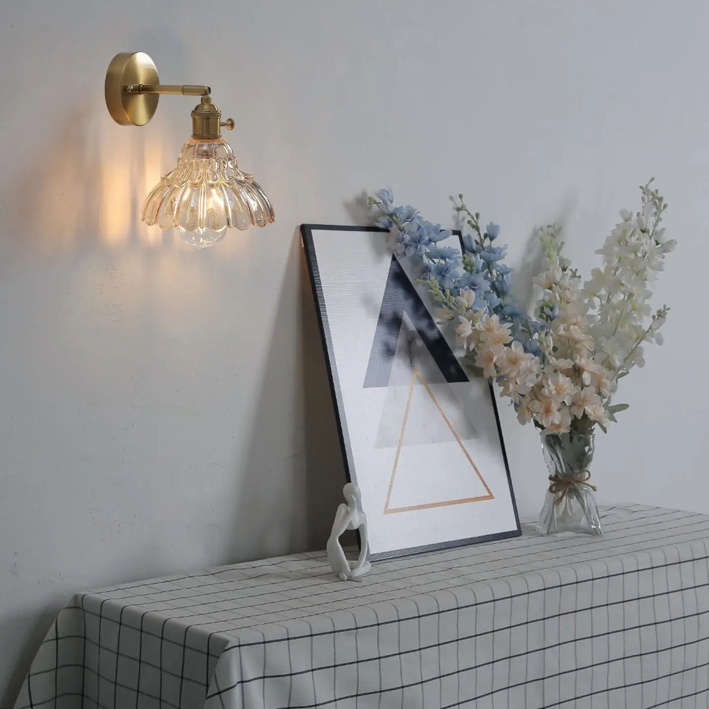 Fluted Amber Glass Bell Wall Light, Brass Arm and Round Backplate, Wide Flared Scalloped Shade, Bedside, Hallway & Living Room