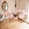 Pink Glass Globe Cluster Chandelier, 9 Spheres on Scrolled Brass Arms, Chain Suspension, Dining Room and Hallway