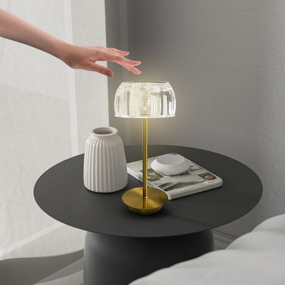 Ribbed Crystal Dome Table Lamp, Brass Stem and Base, Rechargeable Cordless Touch Control, Bedside, Console & Patio