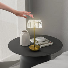 Ribbed Crystal Dome Table Lamp, Brass Stem and Base, Rechargeable Cordless Touch Control, Bedside, Console & Patio