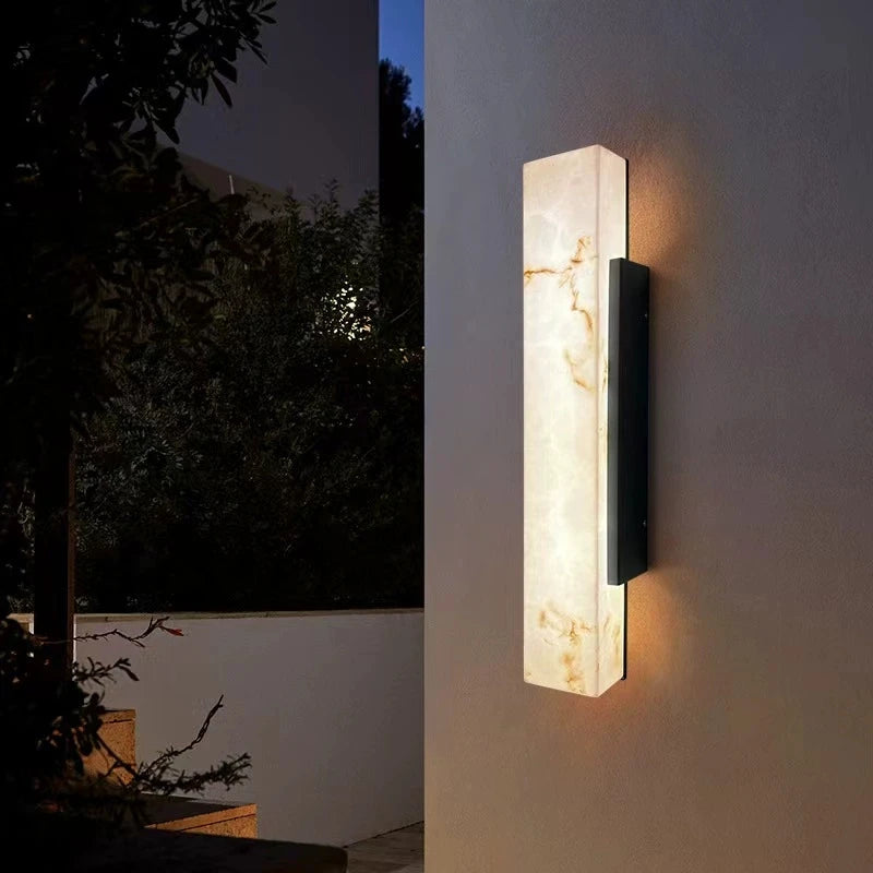 Natural Alabaster Panel Outdoor Wall Light, 60cm Height, Black Metal Spine, Integrated LED Glow, Porch & Garden