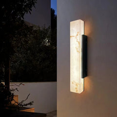 Natural Alabaster Panel Outdoor Wall Light, 60cm Height, Black Metal Spine, Integrated LED Glow, Porch & Garden