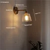 Fluted Glass Cone Wall Light, Clear Finish, Brushed Brass Gooseneck Arm, Pull Cord Switch, Bedroom, Hallway & Living Room