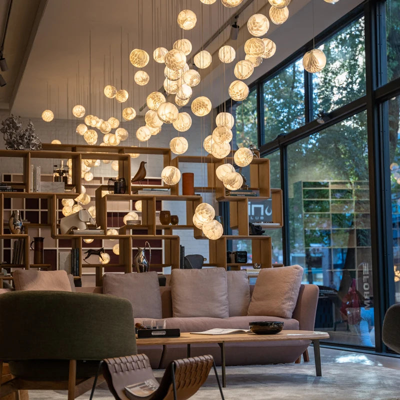Textured White Cotton Five-Sphere Pendant Light, Staggered Drop Heights, Bulb Not Included, Stairwell & Hallway