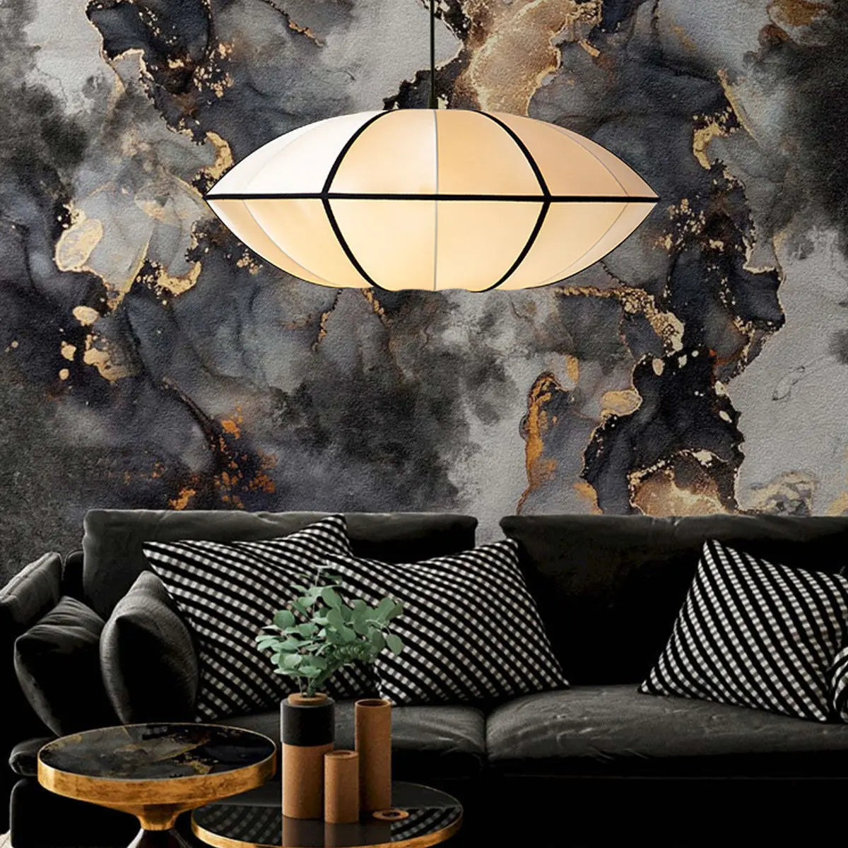 Pleated White Fabric Ellipse Pendant Light, Pointed Lantern Silhouette, Black Trim, 40cm, Bulb Not Included, Living Room & Bedroom