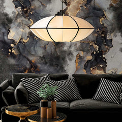 Pleated White Fabric Ellipse Pendant Light, Pointed Lantern Silhouette, Black Trim, 40cm, Bulb Not Included, Living Room & Bedroom