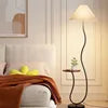 Black Curved Stem Floor Lamp With Side Shelf, Tall Pleated Cream Cone Shade, Marble Base, Living Room, Bedroom & Reading Corner