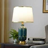 Rounded Glass Column Table Lamp, Green Finish, Pleated cotton shade, Gold Trim, Collar and Foot, Large Size, Living Room & Bedroom