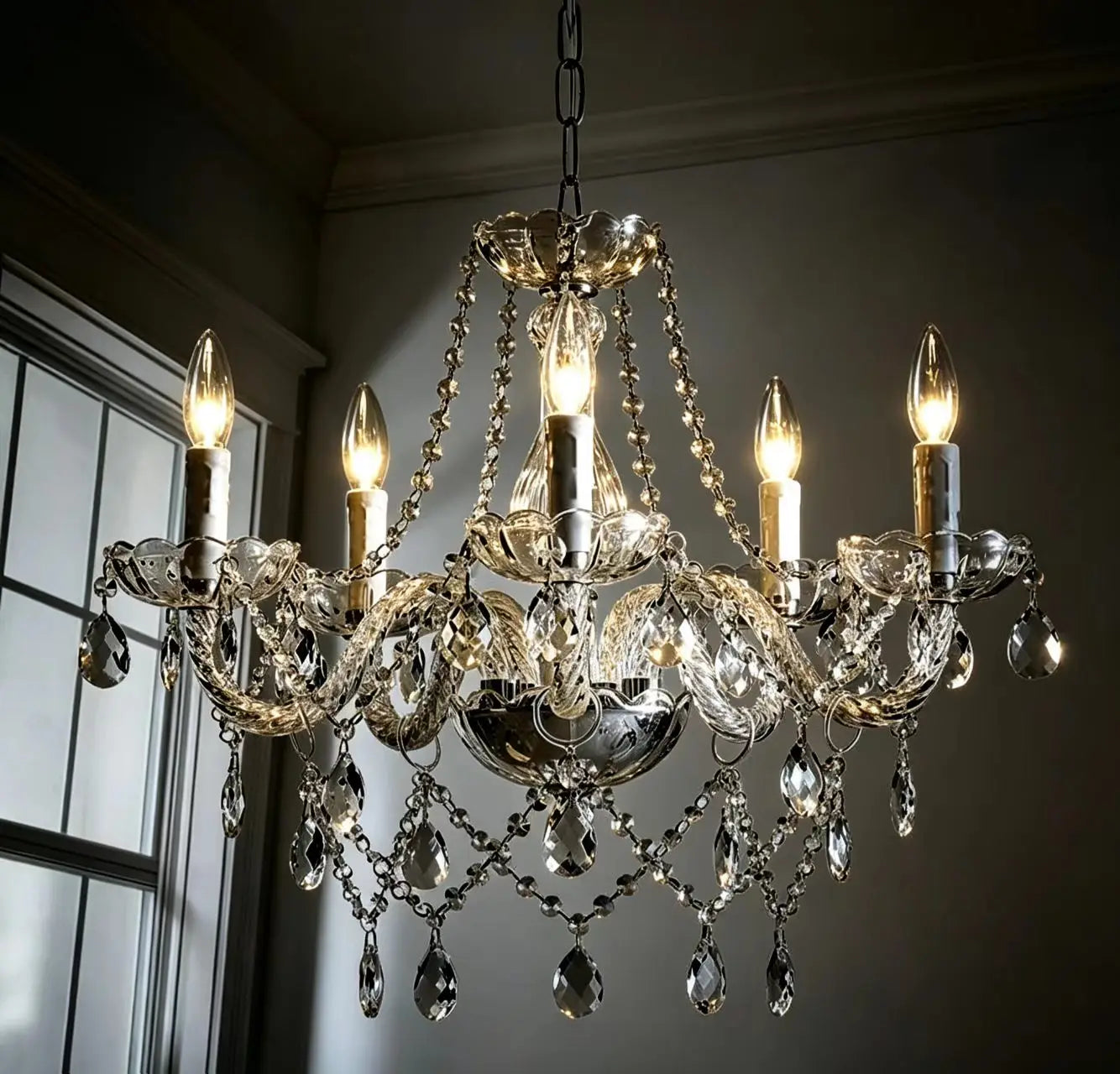 Faceted Crystal Branch Chandelier, Twisted Glass Rope Arms, Chrome Finish, Medium Scale, Dining Room, Living Room & Hallway