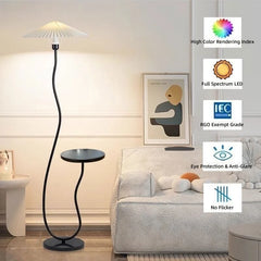 Black Curved Stem Floor Lamp With Side Shelf, Low Pleated Cream Cone Shade, Marble Base, Living Room, Bedroom & Reading Corner