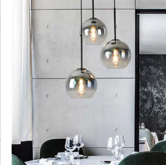 Mirrored Glass Globe Pendant Light, Grey Ombre Finish, 15cm Diameter, Black Cable, Bulb Not Included, Dining Table and Kitchen