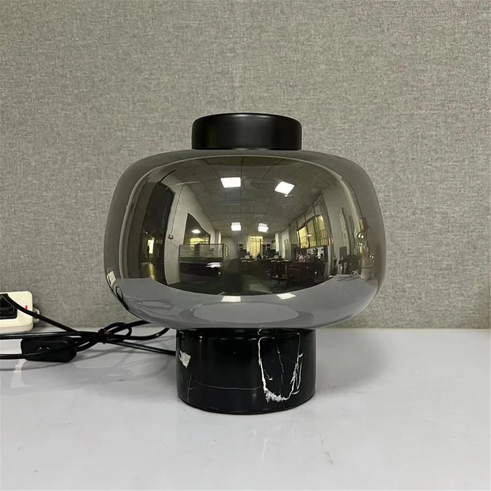 Smoked Glass Dome Table Lamp, Puffed Bubble Shade on a White Marble Base, Black Cap Top, Living Room and Bedside
