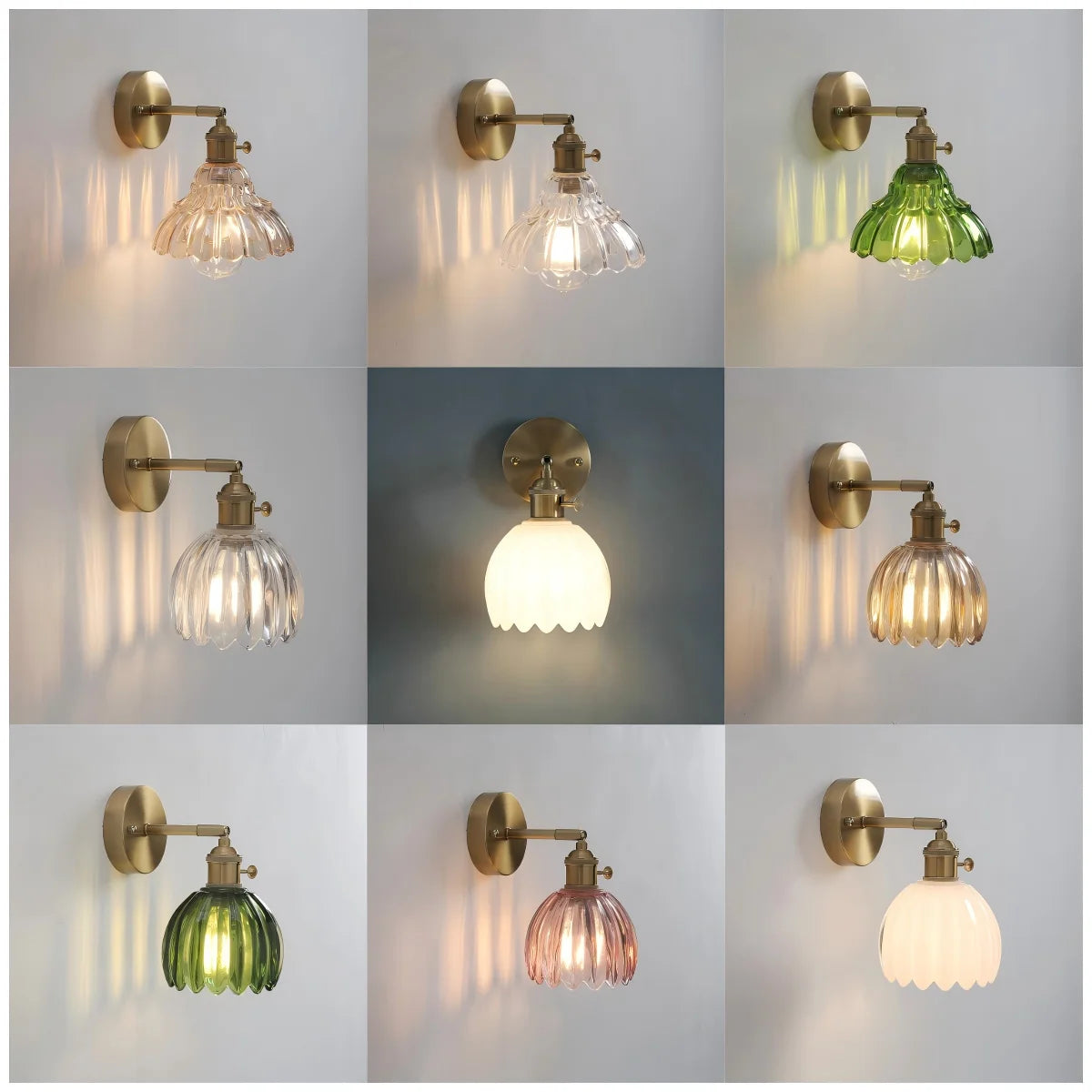 Fluted Amber Glass Bell Wall Light, Brass Arm and Round Backplate, Wide Flared Scalloped Shade, Bedside, Hallway & Living Room