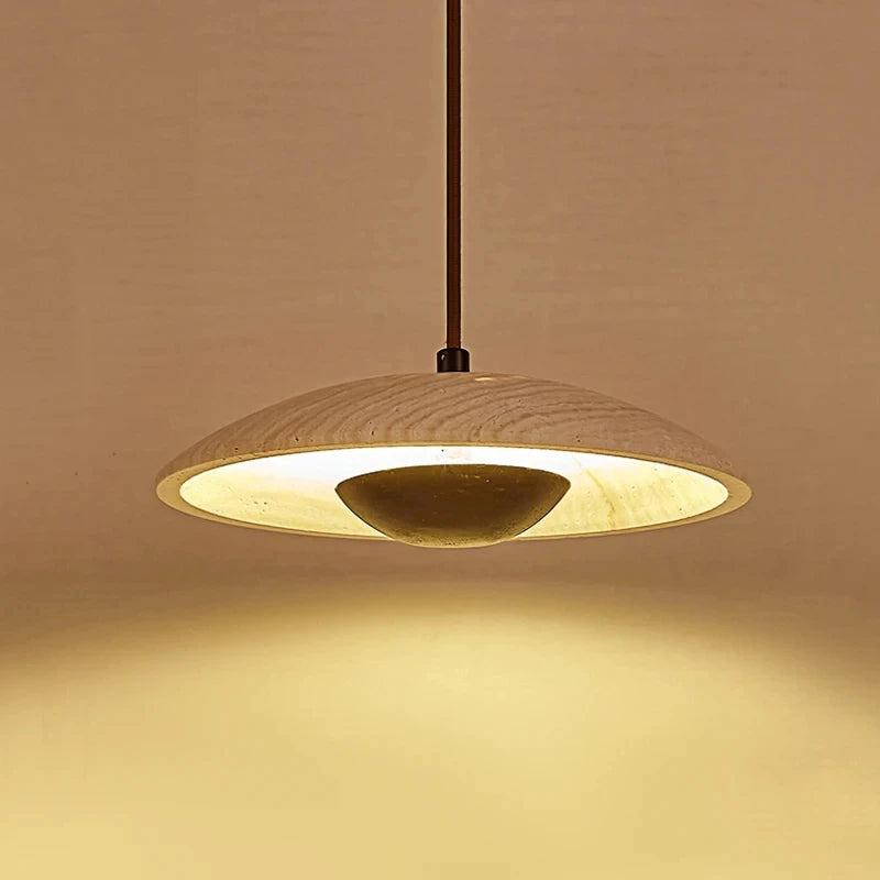 Travertine Disc Pendant Light, Speckled Stone Saucer Shade, Natural Wood Connecting Collar, Bedside & Dining Table