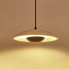 Travertine Disc Pendant Light, Speckled Stone Saucer Shade, Natural Wood Connecting Collar, Bedside & Dining Table