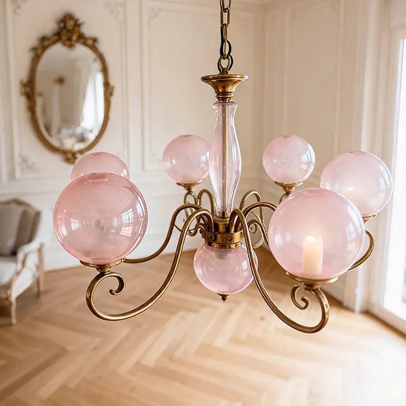 Pink Glass Globe Cluster Chandelier, 9 Spheres on Scrolled Brass Arms, Chain Suspension, Dining Room and Hallway