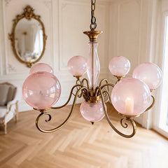 Pink Glass Globe Cluster Chandelier, 9 Spheres on Scrolled Brass Arms, Chain Suspension, Dining Room and Hallway