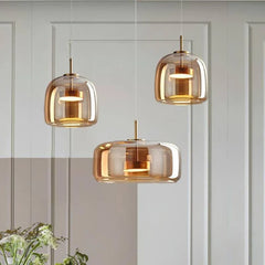 Amber Glass Drum Cluster Pendant Light, Three Light, Brushed Brass Diffuser Disc, Kitchen Island & Dining Table