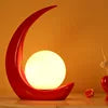 Arched Resin Sphere Table Lamp, Crescent Moon Silhouette, Opal Glass Globe, Gloss Red Finish, Bedside & Console