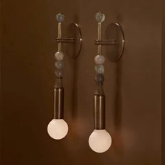 Marbled Stone Bead Wall Light, Antique Brass Rod, Bare Globe Bulb Style, Bedside & Living Room Wall Accent Piece