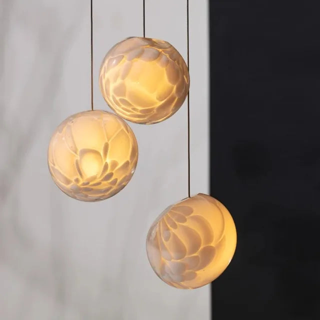 Textured White Cotton Five-Sphere Pendant Light, Staggered Drop Heights, Bulb Not Included, Stairwell & Hallway