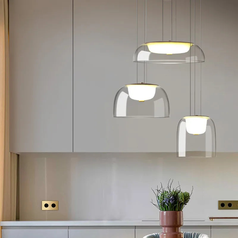 Clear Glass Dome Pendant Light, 28cm Shade, Gold Metal Trim, Opal Diffuser Ball, Dining Table & Kitchen Island