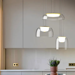 Clear Glass Dome Pendant Light, 28cm Shade, Gold Metal Trim, Opal Diffuser Ball, Dining Table & Kitchen Island