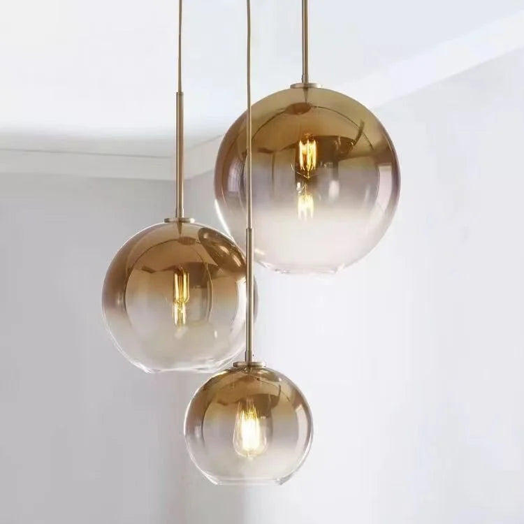 Amber Glass Cluster Pendant Light, 3 Globe Shades, Brushed Brass Fittings, 25cm, Staggered Drops, Dining Table and Kitchen