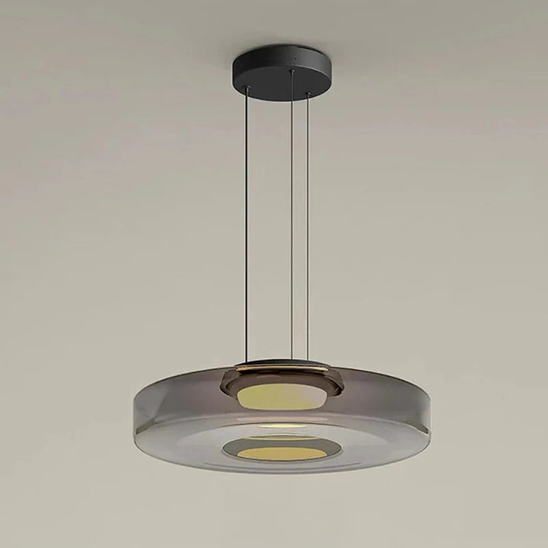 Smoked Amber Glass Disc Pendant Light, Integrated LED Ring, Black Cord Suspension, Dining Table, Kitchen Island & Home Office