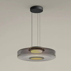 Smoked Amber Glass Disc Pendant Light, Integrated LED Ring, Black Cord Suspension, Dining Table, Kitchen Island & Home Office