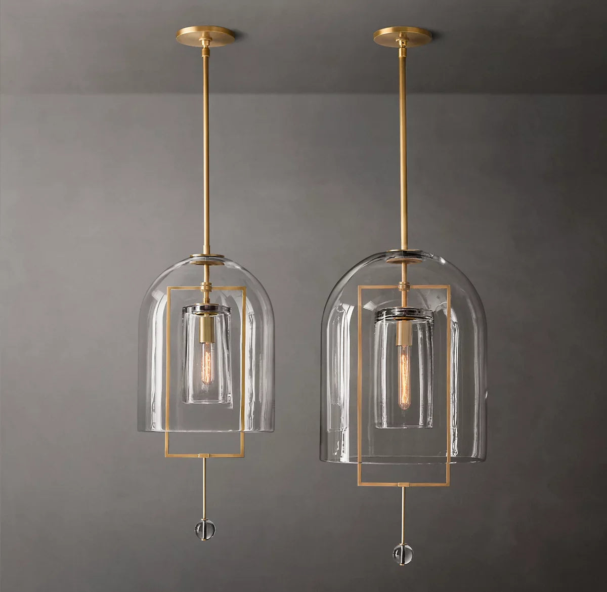 Clear Glass Bell Pendant Light, Vintage Brass Rectangle Frame, 13" Dome, Exposed Filament Bulb, Hallway, Dining Table & Living Room