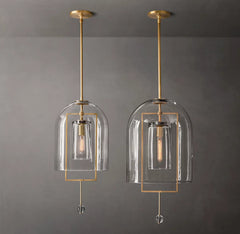Clear Glass Bell Pendant Light, Vintage Brass Rectangle Frame, 13" Dome, Exposed Filament Bulb, Hallway, Dining Table & Living Room