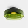 Tiered Olive Glass Semi Flush Ceiling Light, Double Dome Layer, Black Ceiling Canopy, D42 x H18cm, Hallway & Living Room