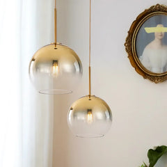 Clear Glass Globe Pendant Light, Brass Rod Suspension, Contemporary Style, Kitchen Island, Dining Table & Living Room