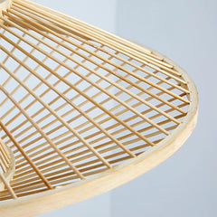 Woven Bamboo Disc Pendant Light in Gold, Wide Lantern Silhouette, Crisscross Weave, Dining Room, Living Room & Hallway