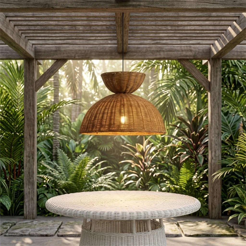 Woven Rattan Dome Pendant Light, Natural Finish, Collar Top Silhouette, Kitchen Island, Dining Table & Living Room