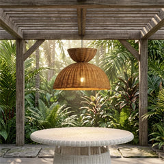 Woven Rattan Dome Pendant Light, Natural Finish, Collar Top Silhouette, Kitchen Island, Dining Table & Living Room