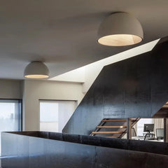 Matt Black Plaster Dome Flush Ceiling Light, Wood-Lined Interior, Angled Mount, Remote Included, 50cm, Bedroom & Living Room