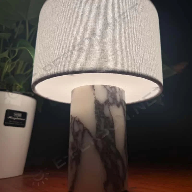 Rosso Levanto Marble Column Table Lamp, Natural Linen Drum Shade, Individually Veined Stone, Living Room, Bedroom & Console