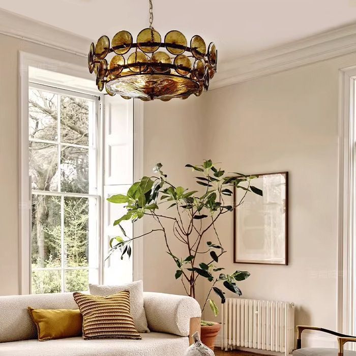 Hammered Green Glass Disc Drum Chandelier, Chain Suspended, Warm Textured Glow, Dining Room & Kitchen Island