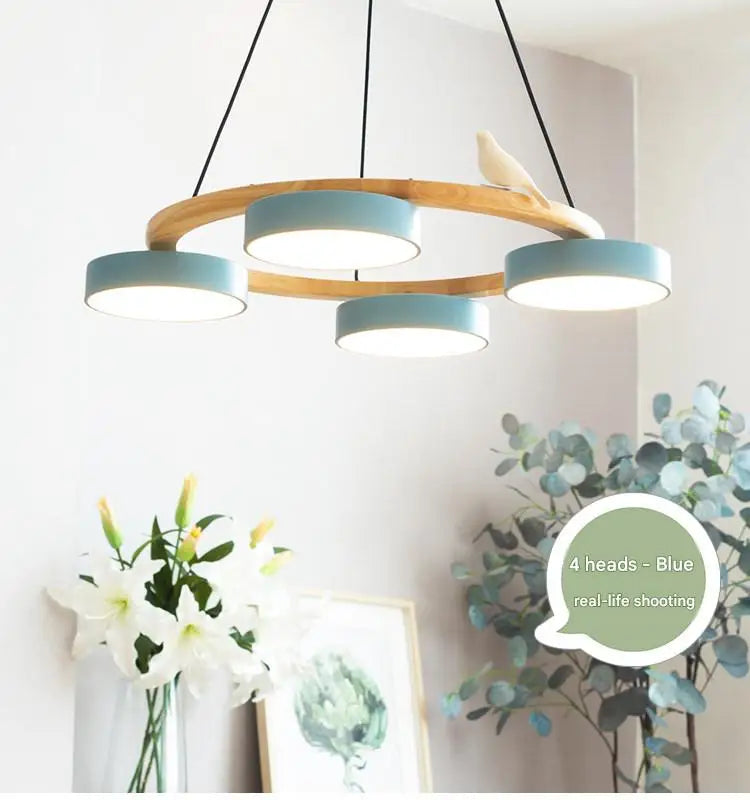 Textured Wood Ring Chandelier, 4 Blue Drum Shades, Resin Bird Detail, Natural Finish, Dining Room & Living Room