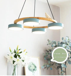 Textured Wood Ring Chandelier, 4 Blue Drum Shades, Resin Bird Detail, Natural Finish, Dining Room & Living Room