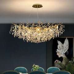 Gold Branch Crystal Leaf Chandelier, Faceted Drops on Slim Arms, Long Linear Oval Spread, Single Fixed Finish, Dining Table & Living Room