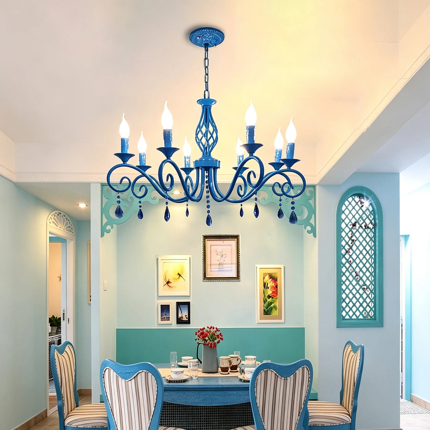 Faceted Crystal Branch Chandelier, Blue Finish, 8 Scrolled Candle Arms, 72 x 72 x 98cm, Dining Room & Living Room